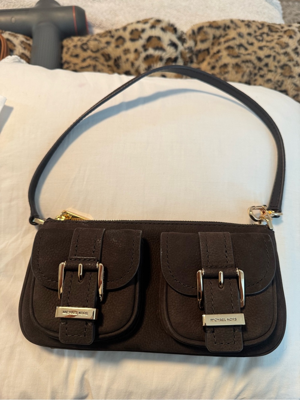Michael Kors Zoe Brown Suede Dual Pocket Shoulder Bag